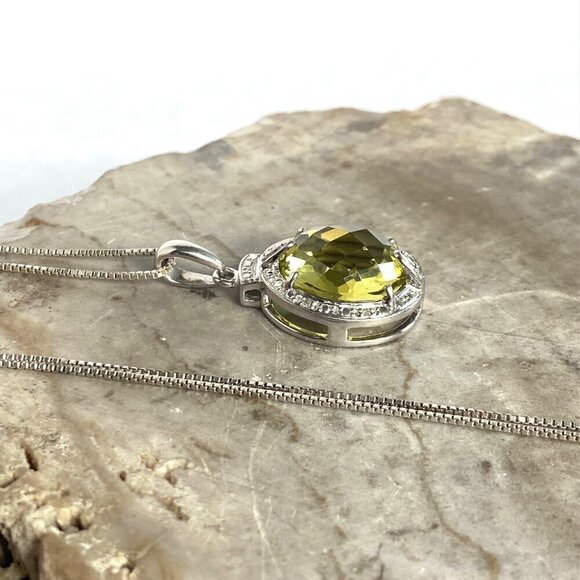Sterling Silver 925 Oval Domed Faceted Yellow Citrine & Diamond Pendant Necklace - Picture 6 of 16